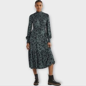 BODEN Long Sleeve High Neck Smocked Detail Belted Midi Dress Folk Floral Size 10